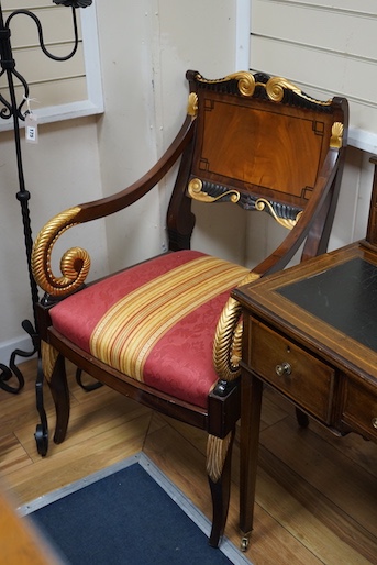 A pair of Regency design parcel gilt mahogany elbow chairs, width 59cm, depth 53cm, height 102cm